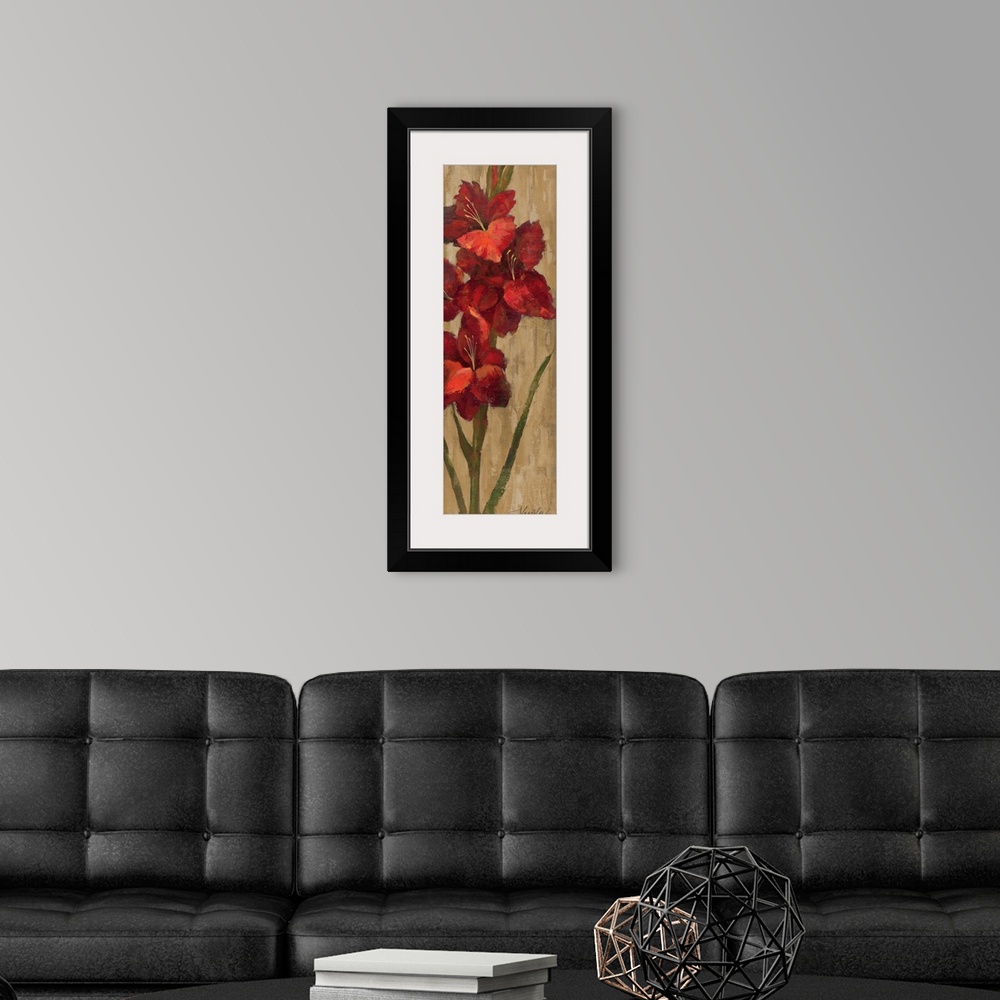 A modern room featuring Large flowers are painted on a thin vertical piece with a neutral background.