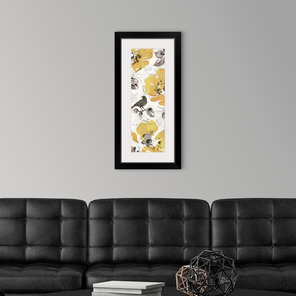 A modern room featuring Watercolor painting of yellow flowers with grey birds and leaves.