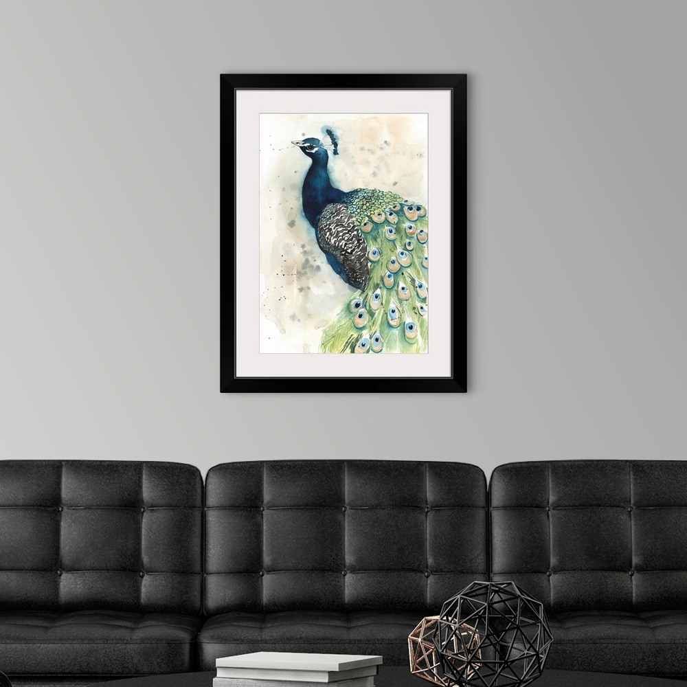 A modern room featuring Contemporary watercolor peacock against a neutral background.