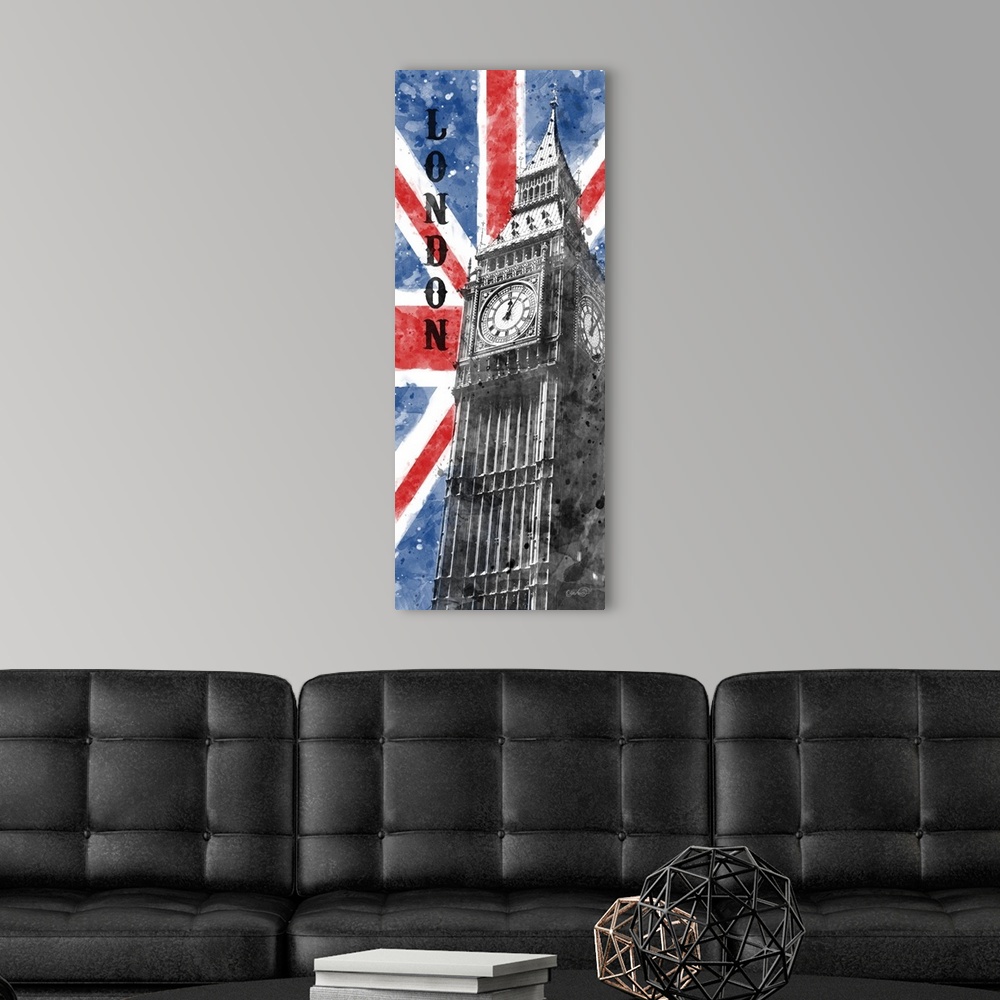 A modern room featuring Tall splatter illustration of Big Ben with "London" written on the side and the British flag in t...