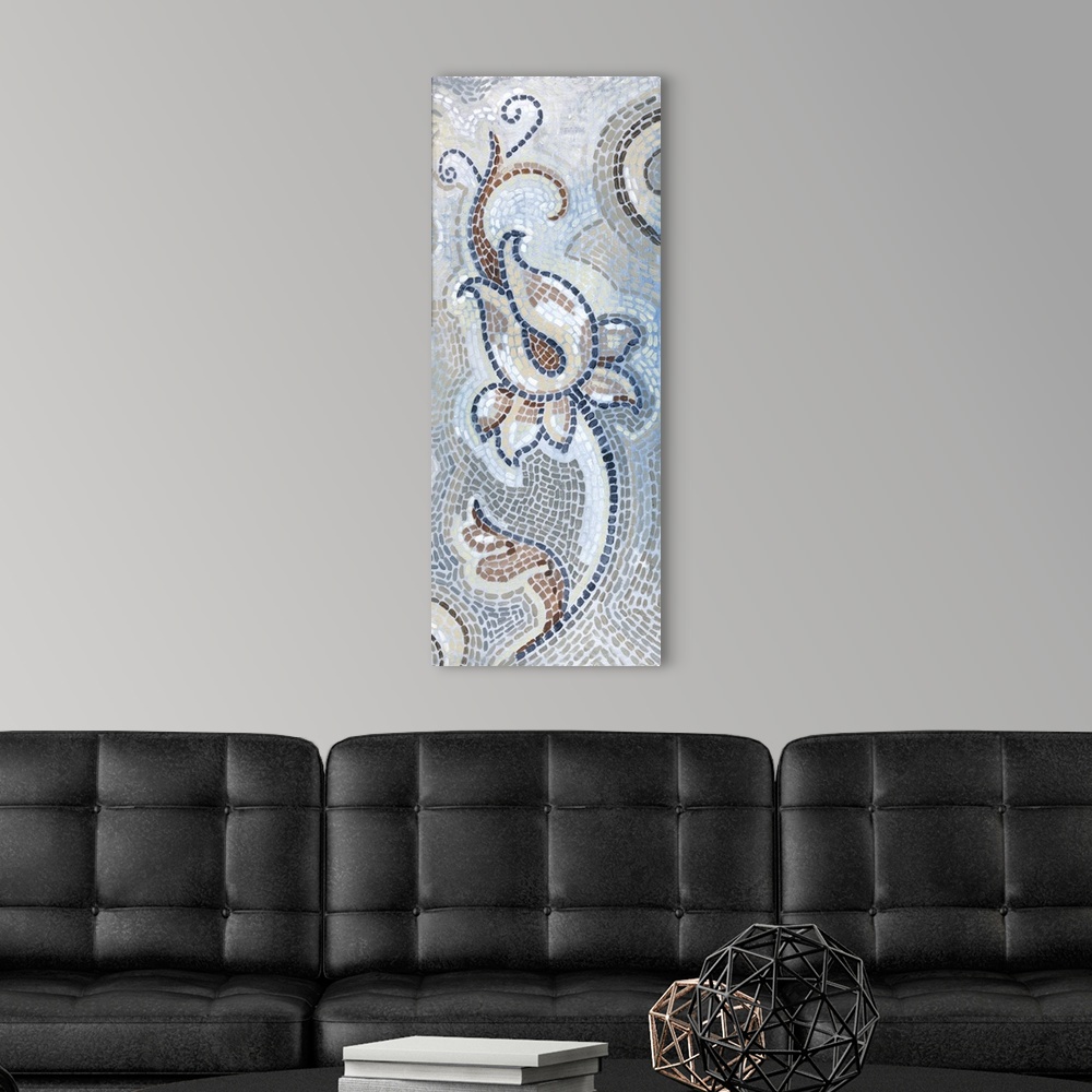 A modern room featuring Abstract panel painting of a flower created with mosaic tile-like brushstrokes in blue, brown, gr...