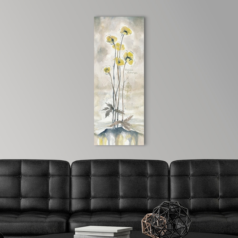 A modern room featuring Tall watercolor painting of long stemmed yellow flowers on a neutral colored background.