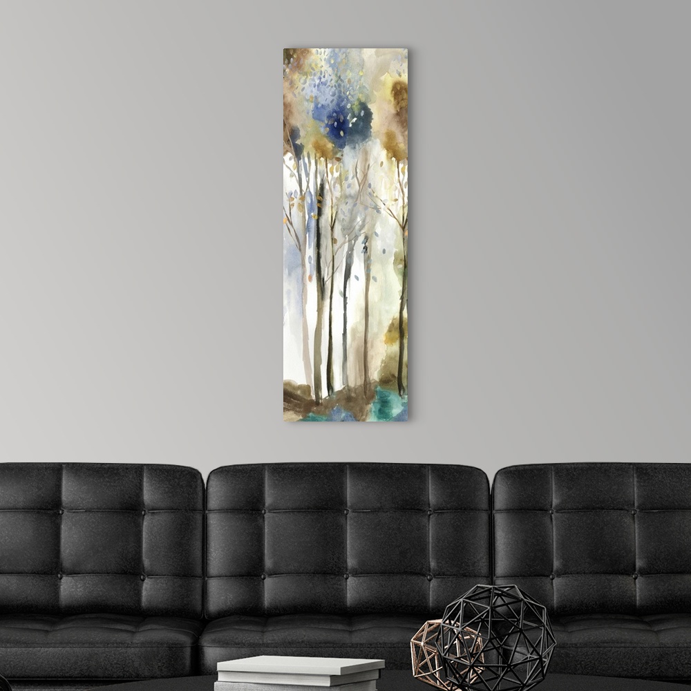 A modern room featuring Watercolor artwork of a forest with tall, thin trees.