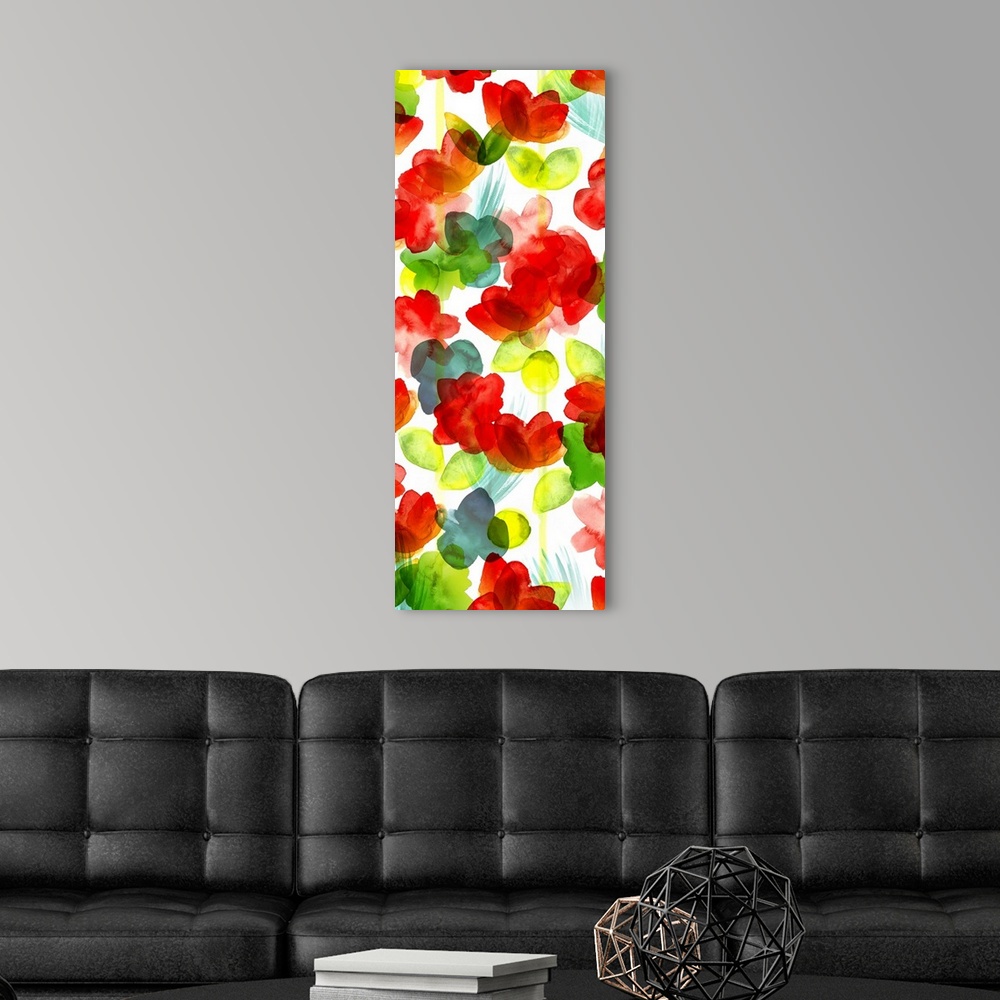 A modern room featuring A large vertical watercolor painting of bright colored flowers of red, yellow and green on a whit...