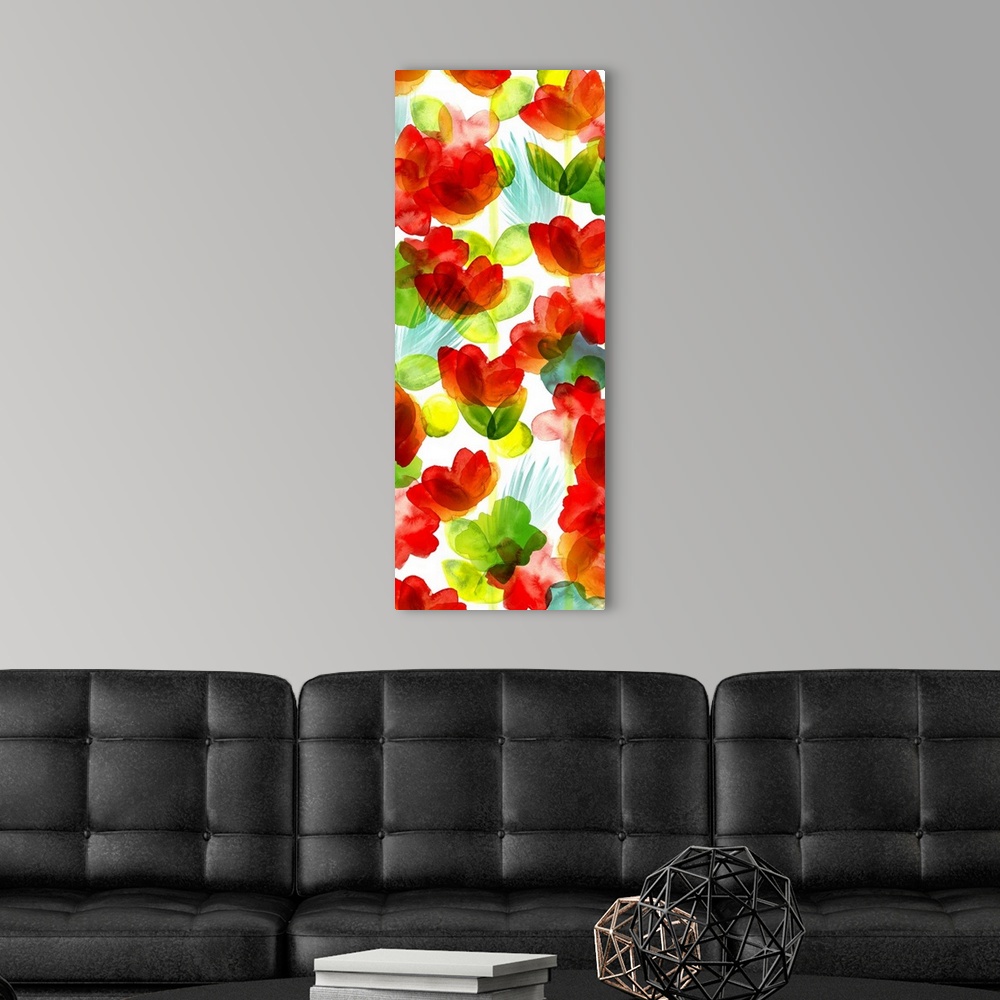 A modern room featuring A large vertical watercolor painting of bright colored flowers of red, yellow and green on a whit...