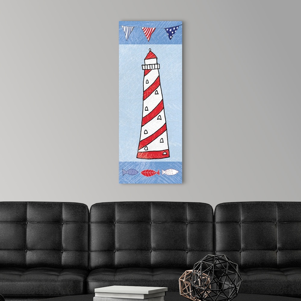 A modern room featuring A vertical digital illustration of a white and red lighthouse with a textured effect.