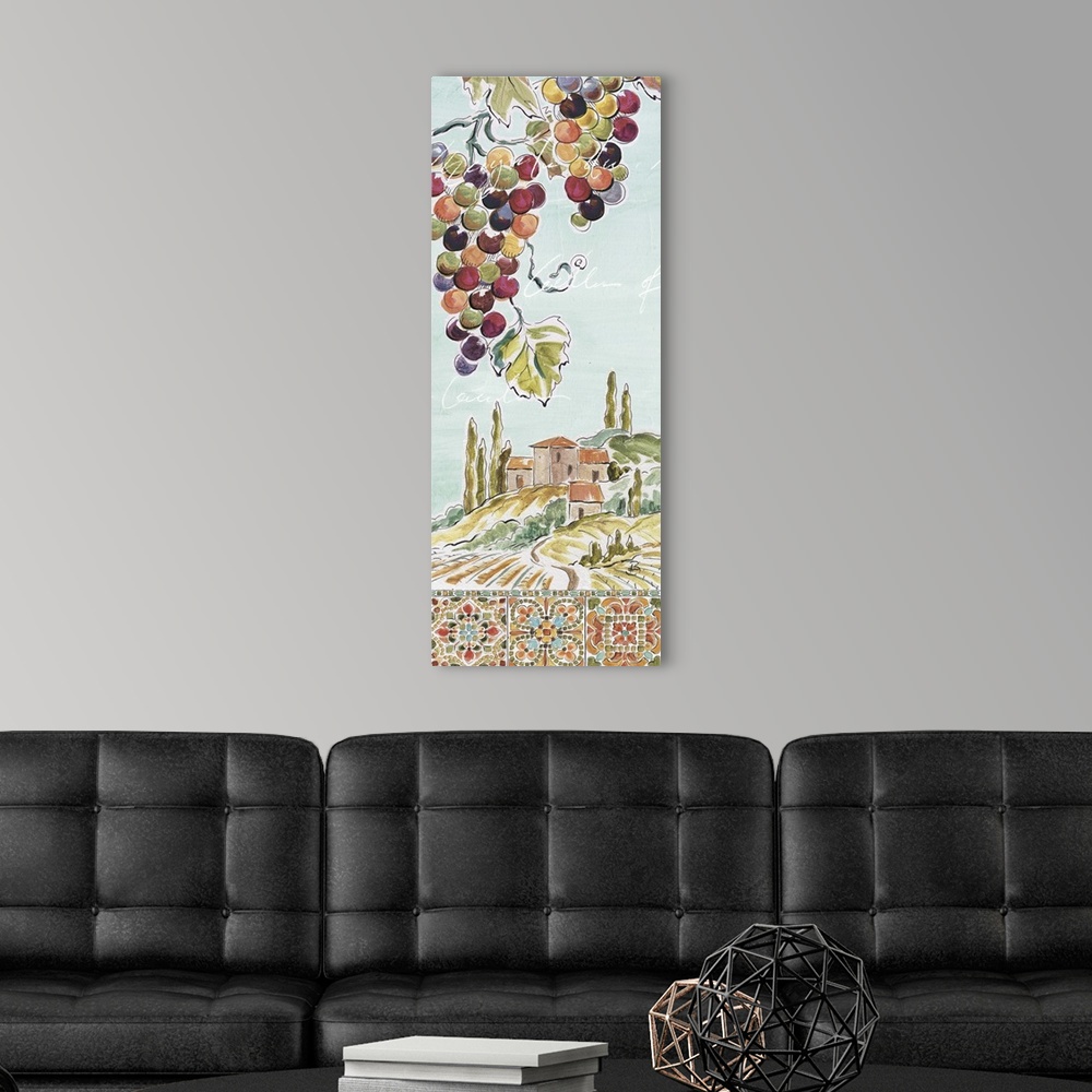 A modern room featuring Decorative artwork of a colorful Tuscan landscape with mosaic tile design lining the bottom and f...