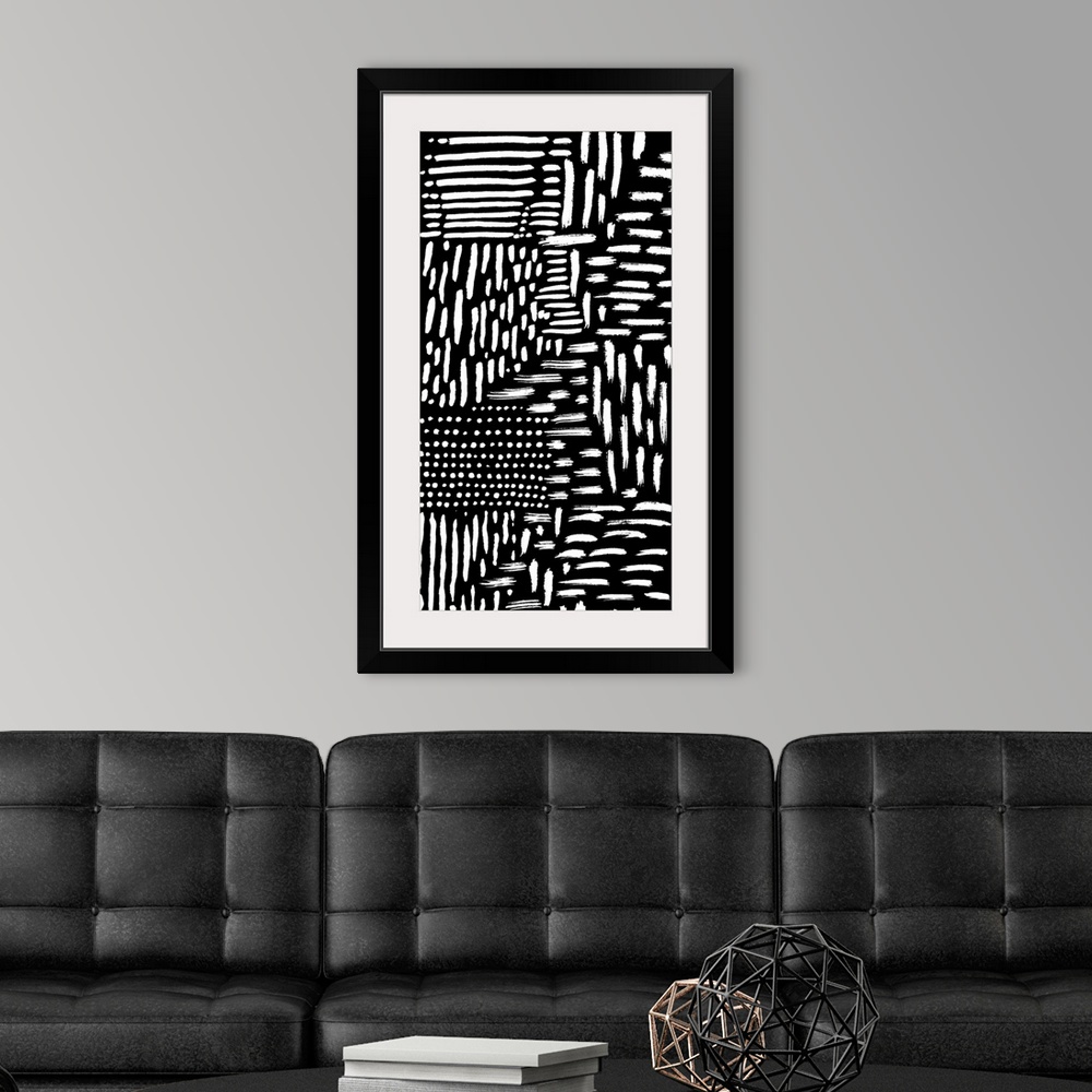A modern room featuring Abstract painting of several white strokes on black.