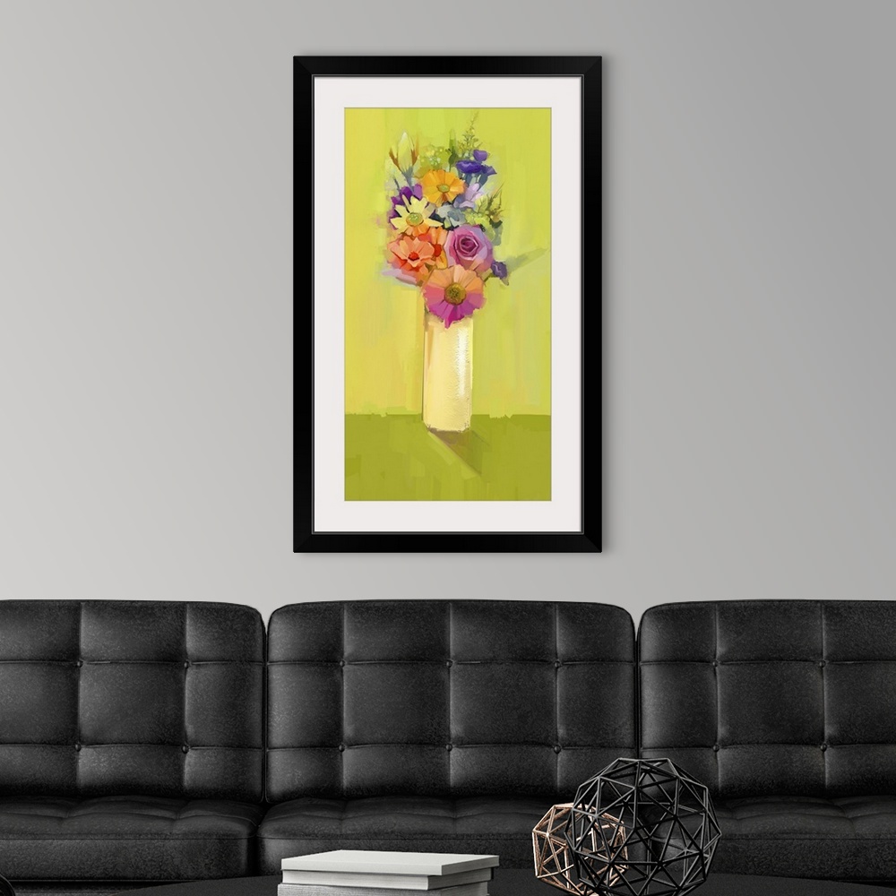 A modern room featuring Still life of white, yellow and red color flowers. Originally an oil painting a bouquet of rose, ...