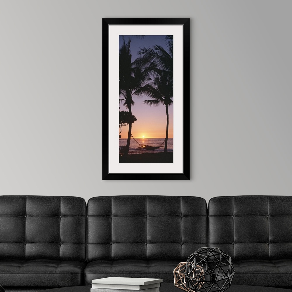 A modern room featuring Vertical panoramic of two tall palm trees with hammock on beach at sunset.