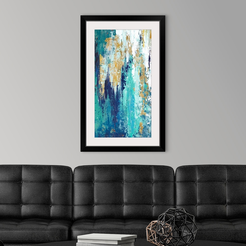 A modern room featuring Tall abstract painting with long vertical brushstrokes of color in shades of blue with some white...