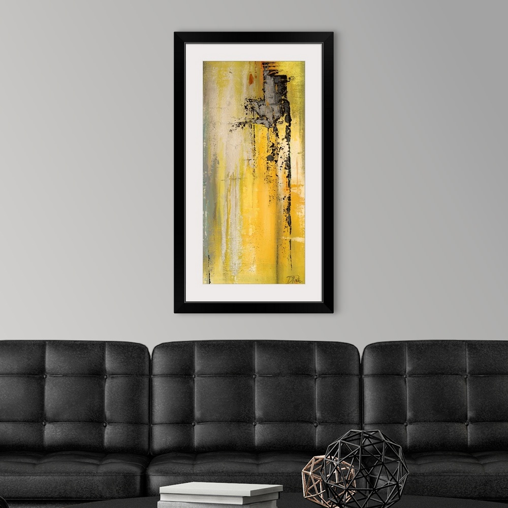 A modern room featuring Contemporary abstract painting using yellow tones mixed with gray in vertical streaking motions.