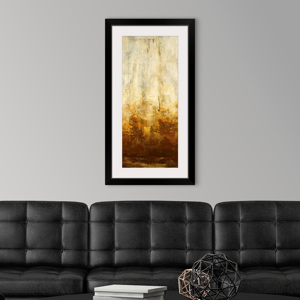 A modern room featuring Panoramic abstract art incorporates a distressed bare light background with a base of weathered r...