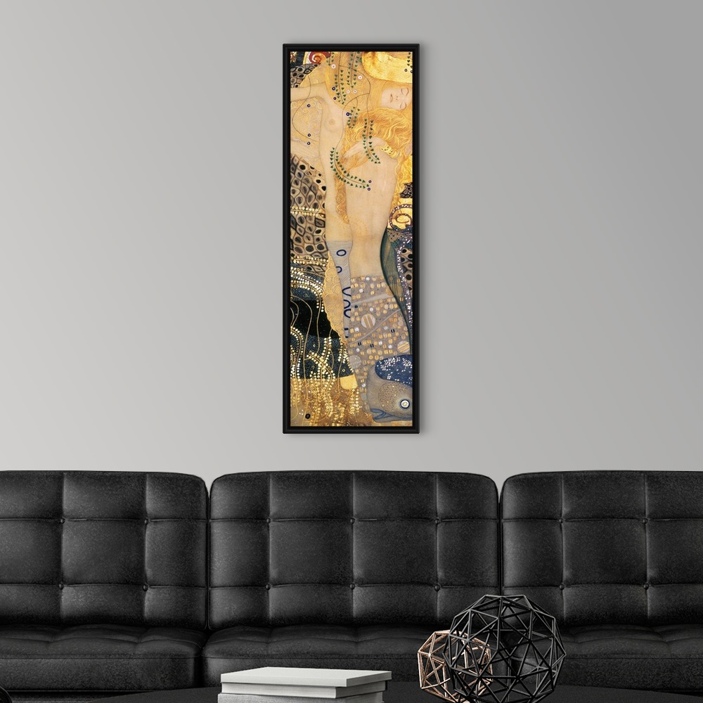 A modern room featuring Panoramic classic art showcases a nude woman who is part snake.  This piece includes a variety of...