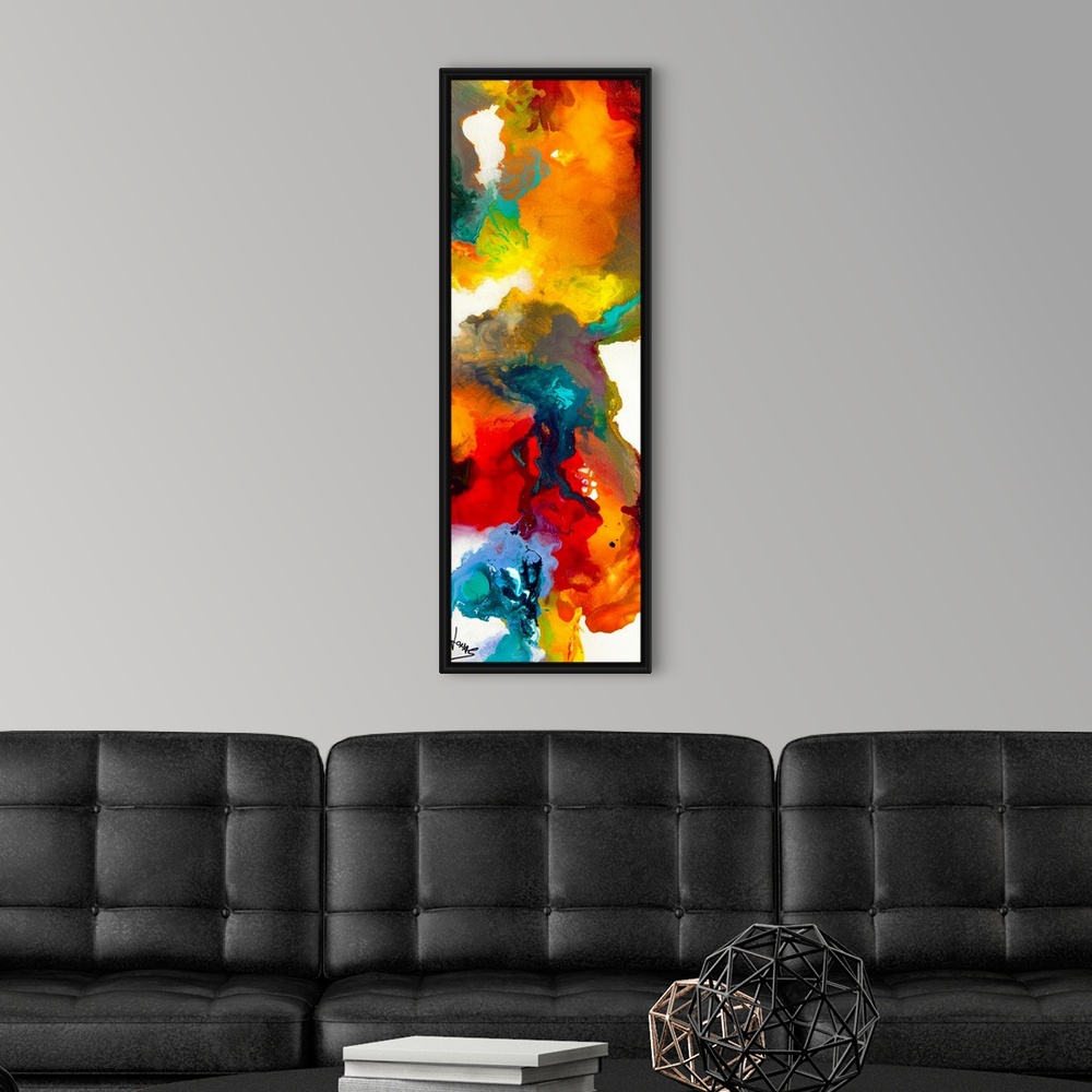 A modern room featuring This is a narrow vertical panoramic shaped painting of a vivid blend of wet paints creating a swi...