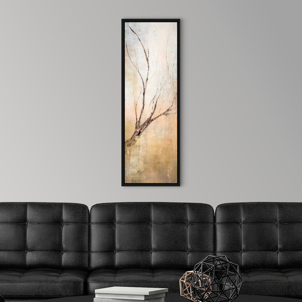 A modern room featuring Contemporary vertical panoramic painting of tree branch with several other smaller twigs branchin...