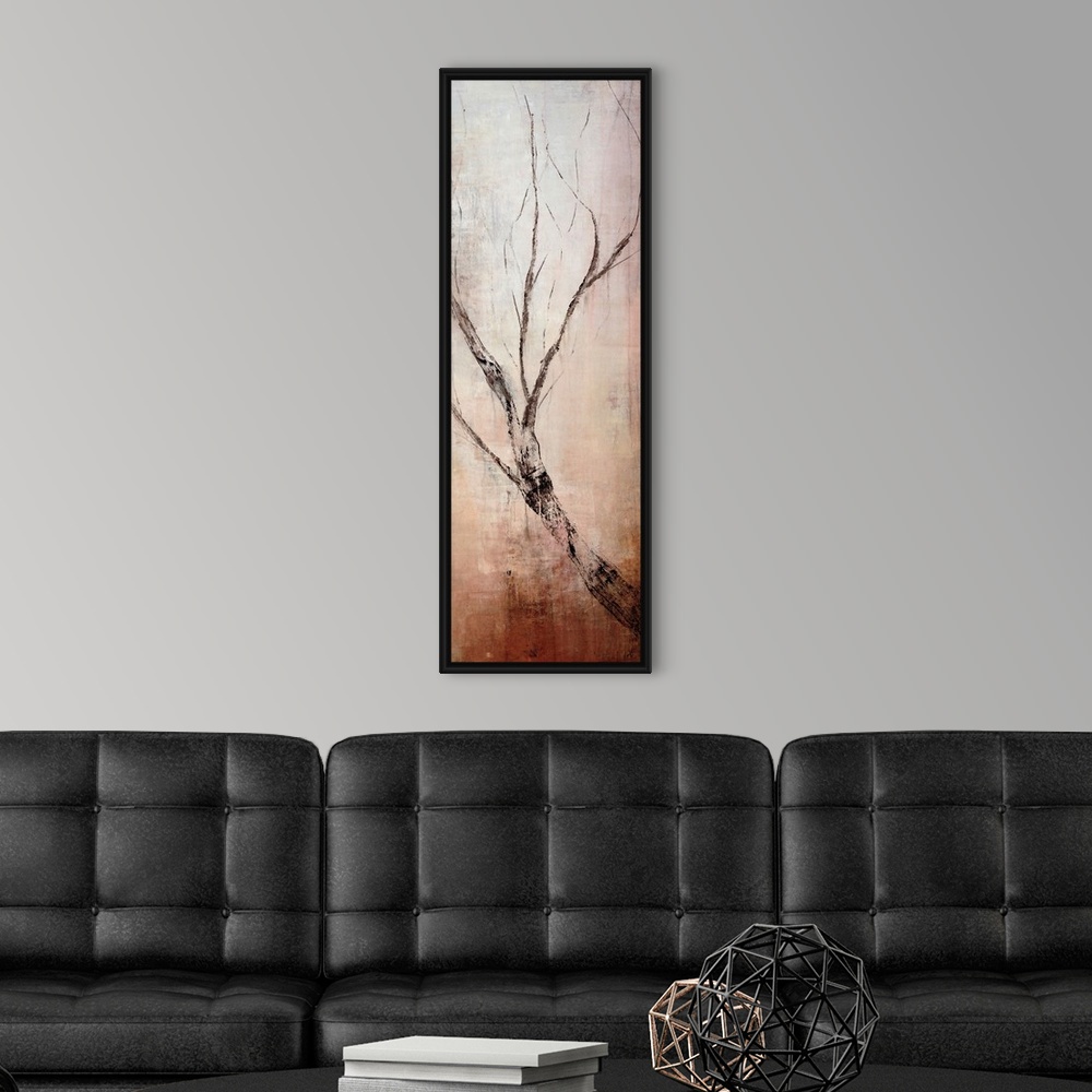 A modern room featuring Vertical panoramic canvas painting of an abstract tree branch growing upwards on a grungy backgro...