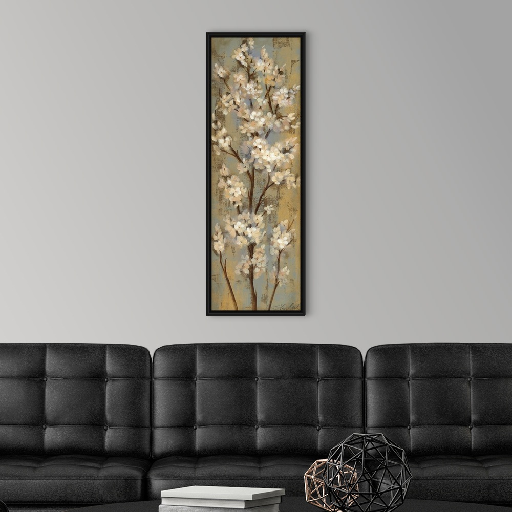 A modern room featuring Vertical panoramic painting of long vertical branches covered in small flowers.