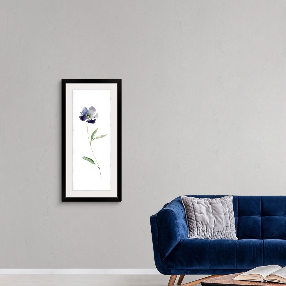 A modern room featuring Tall watercolor painting of a single purple flower with a long green stem.