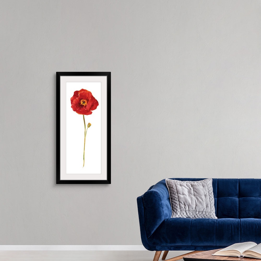 A modern room featuring Tall contemporary painting of a red poppy flower with a long stem on a solid white background.
