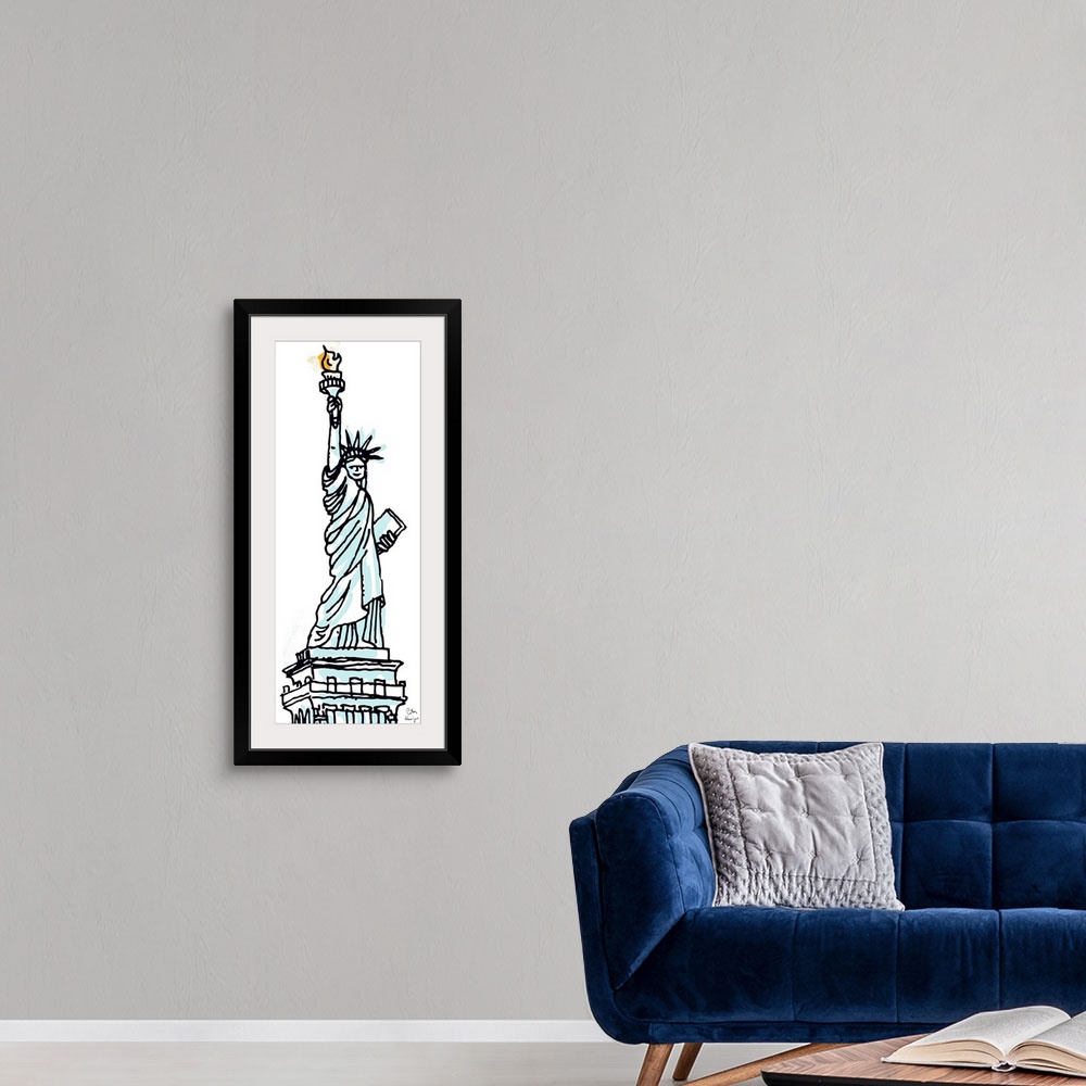 A modern room featuring Pen and ink illustration with spot color of the Statue of Liberty in New York City.