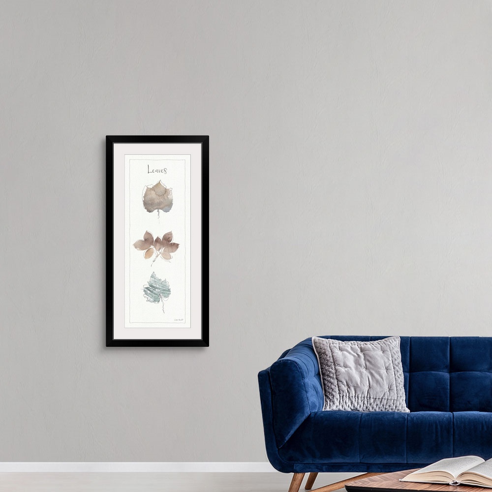 A modern room featuring Watercolor painting of a variety of types of leaves on an off white background with a thin line b...