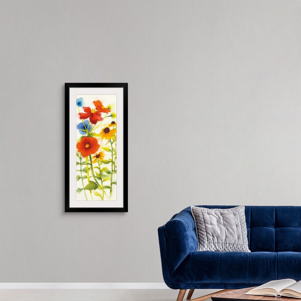 A modern room featuring Tall watercolor painting of red, yellow, and blue flowers on a white background.
