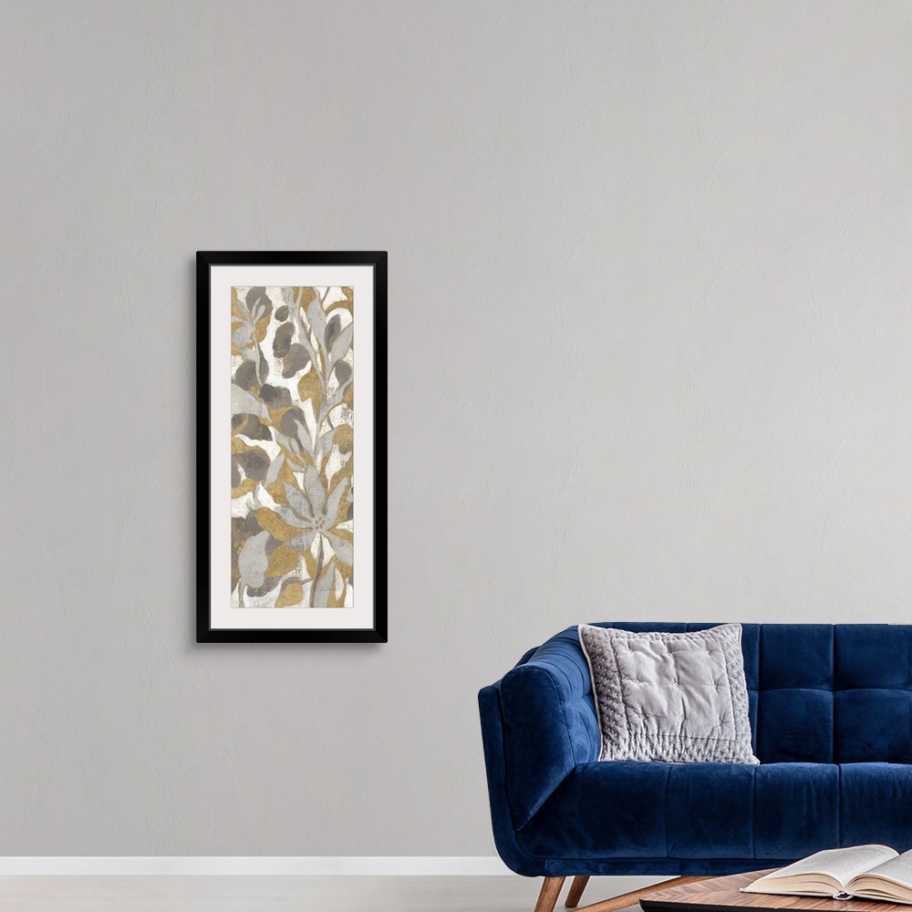 A modern room featuring Floral panel painting in gold, silver, gray, and white hues.