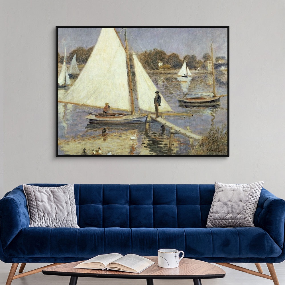 A modern room featuring Landscape, classic wall painting of sailboats on the water in Argenteuil, Paris, France.  A man s...