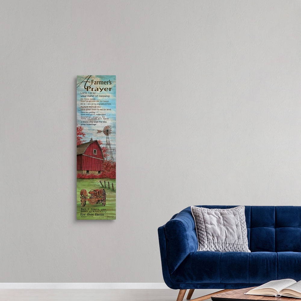 A modern room featuring A farming themed prayer over an illustration of a red barn and windmill on a farm.