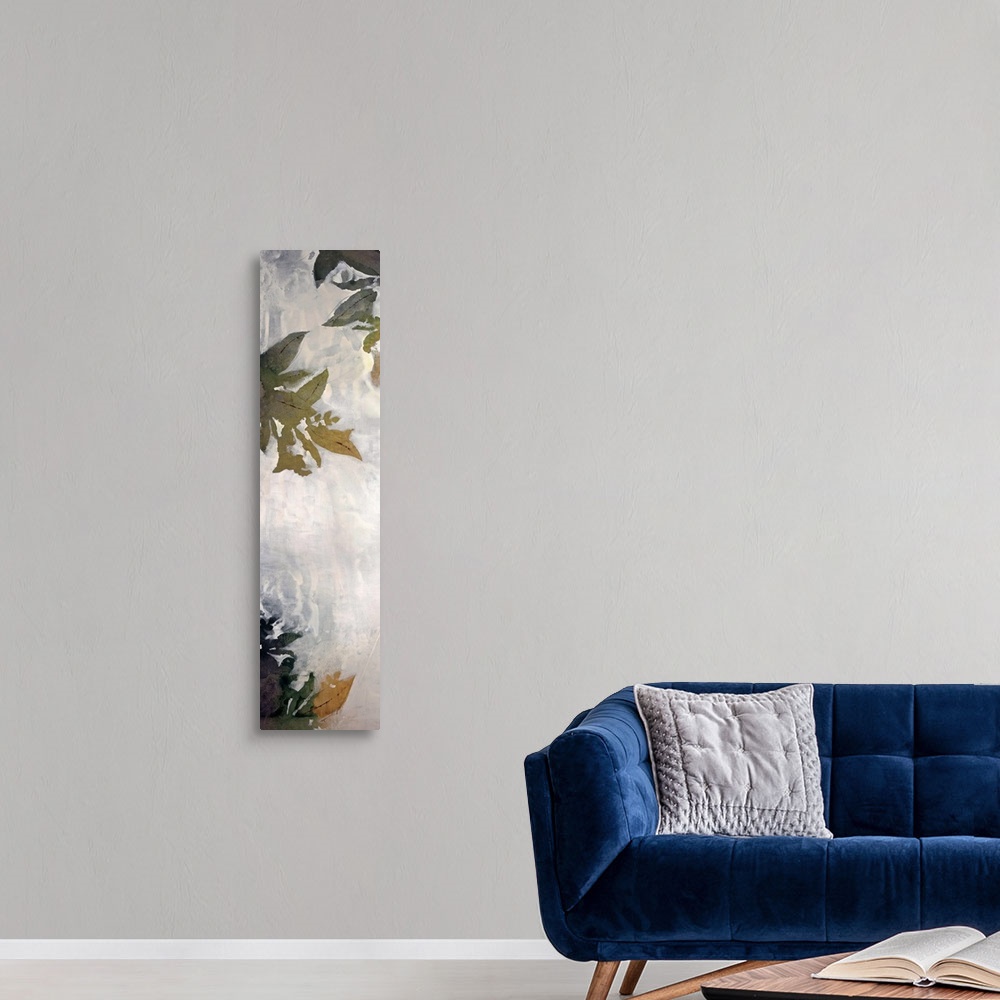 A modern room featuring A tall thin vertical piece that has painted leaves concentrated at the top and bottom.