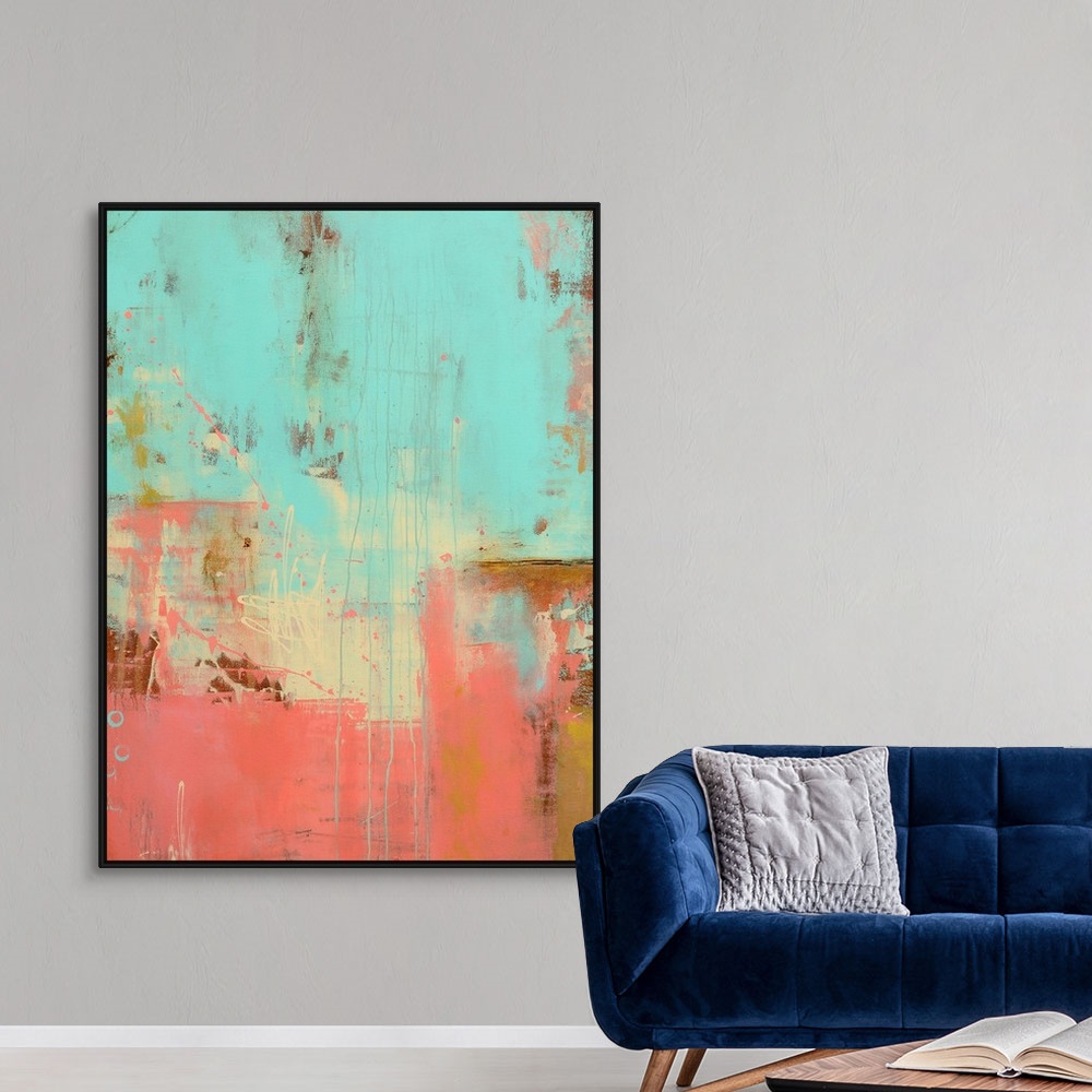 A modern room featuring Large abstract art composed of cool tones mixed with varying levels of texture for added depth.