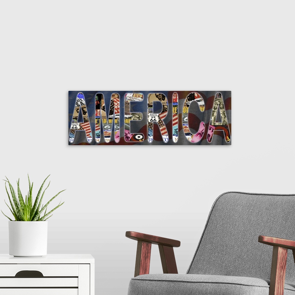 A modern room featuring "AMERICA" with an American flag background