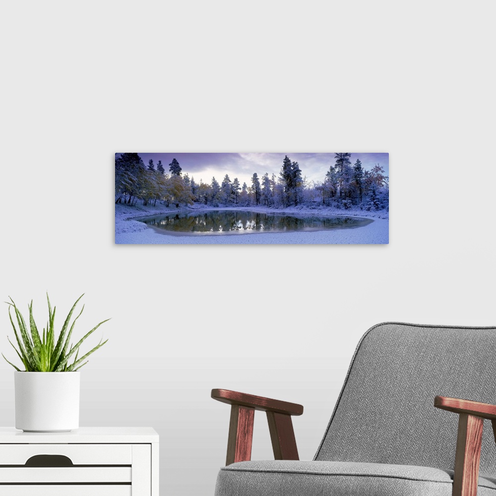A modern room featuring Pond And Fresh Snowfall, Near 70 Mile House, British Columbia, Canada