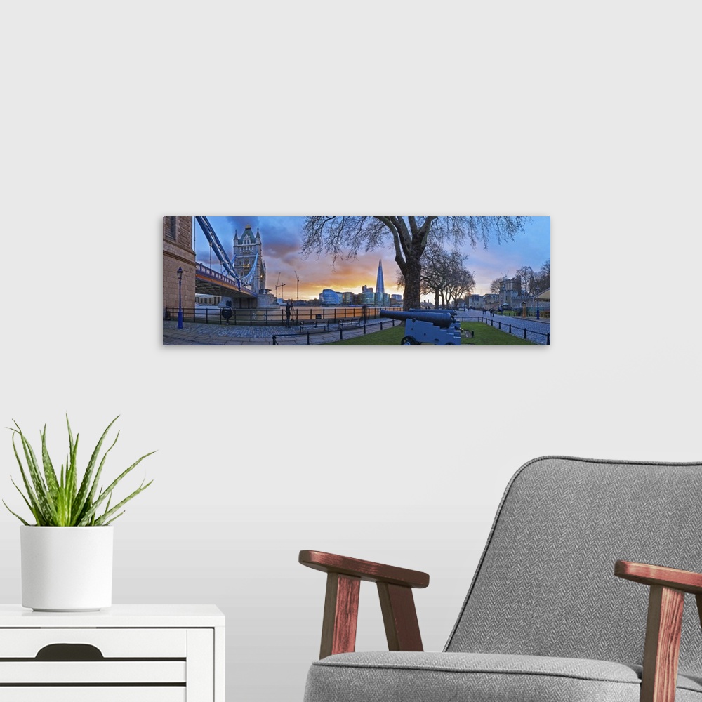 A modern room featuring UK, Panoramic view of cityscape at dusk, London
