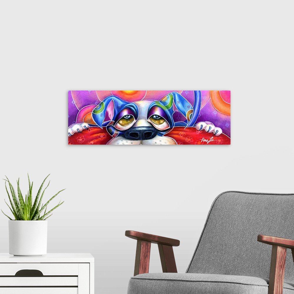 A modern room featuring Contemporary artwork in the style of cubism of a stretching dog in bold colors.