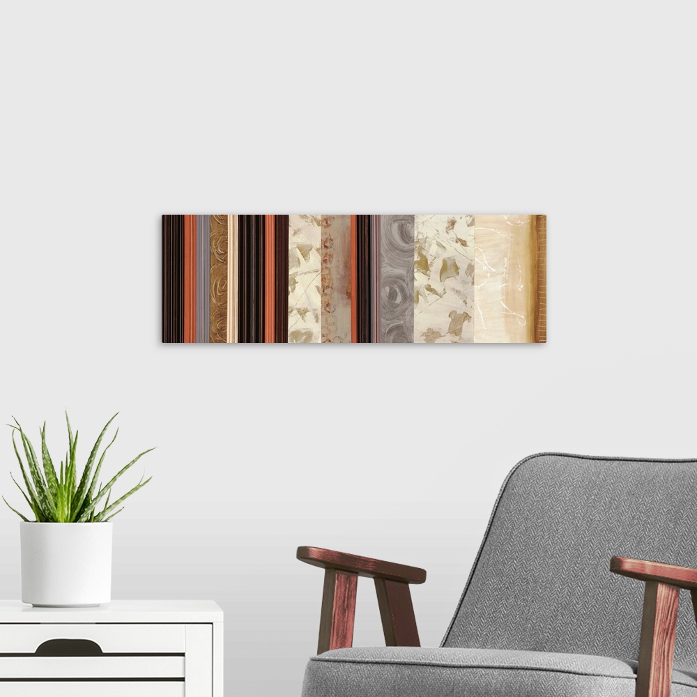 A modern room featuring Panoramic artwork of varies textured colors in a striped pattern.