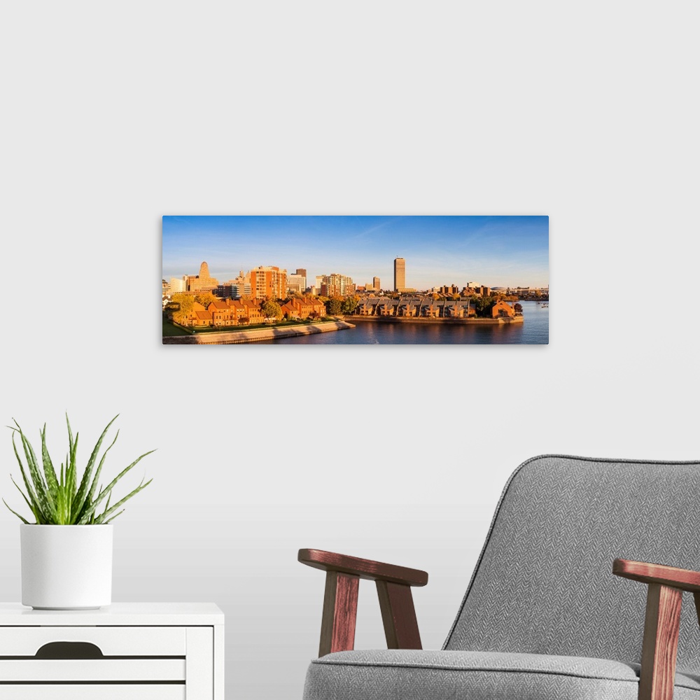 A modern room featuring USA, New York, Western New York, Buffalo, harbor front from Lake Erie, sunset.