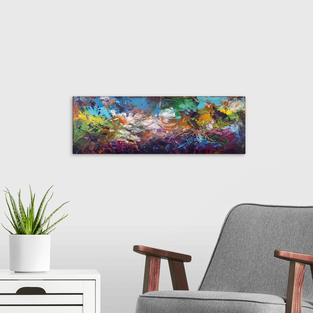 A modern room featuring Seabed abstract panorama with the sunken ships horizontal panel. Originally acrylic art on canvas.