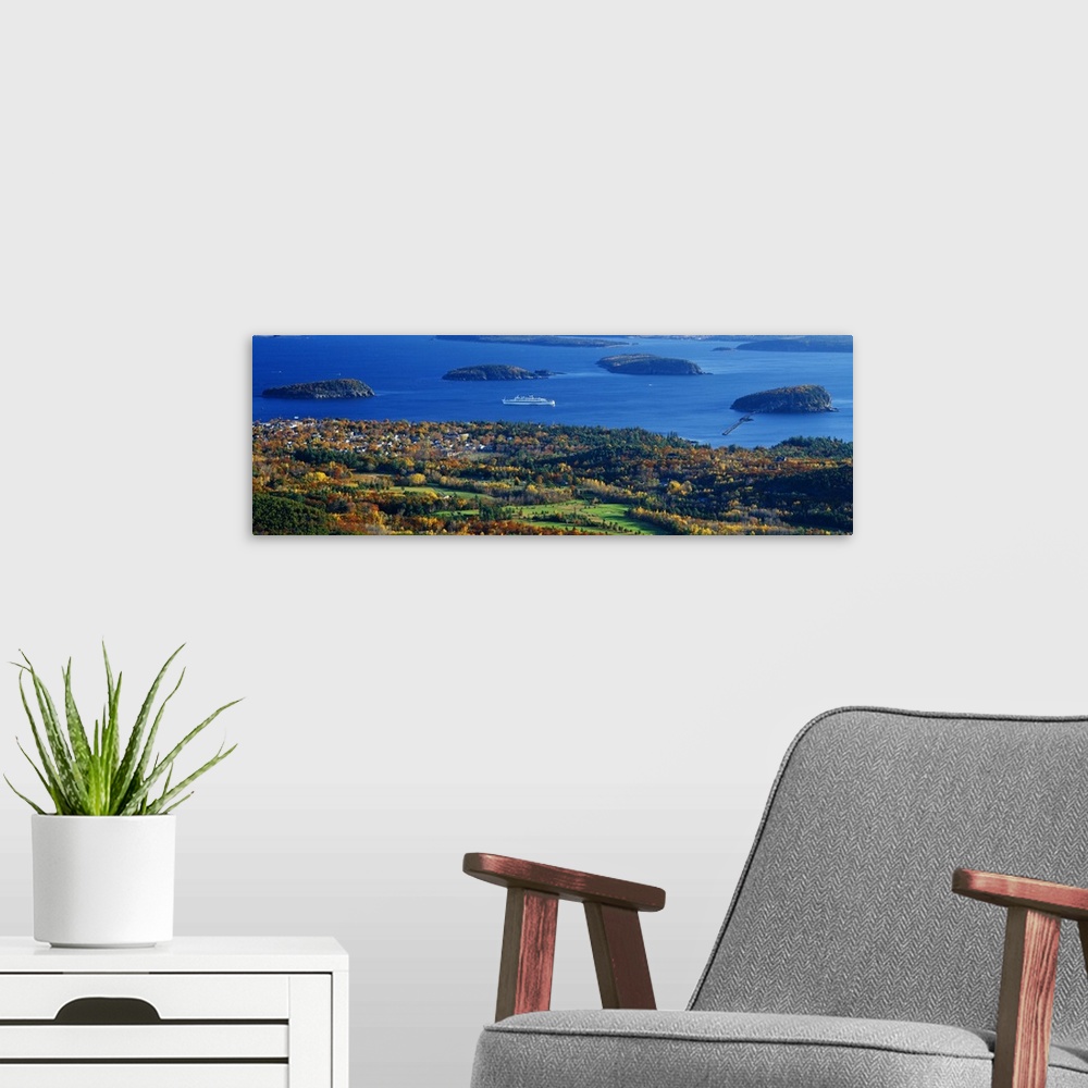 A modern room featuring 'Cruise ship and Mount Desert Island, Acadia National Park, Maine'