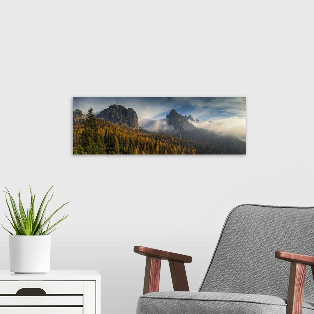 A modern room featuring Dolomites in Autumn Mist, South Tyrol, Trentino-Alto Adige, Italy.