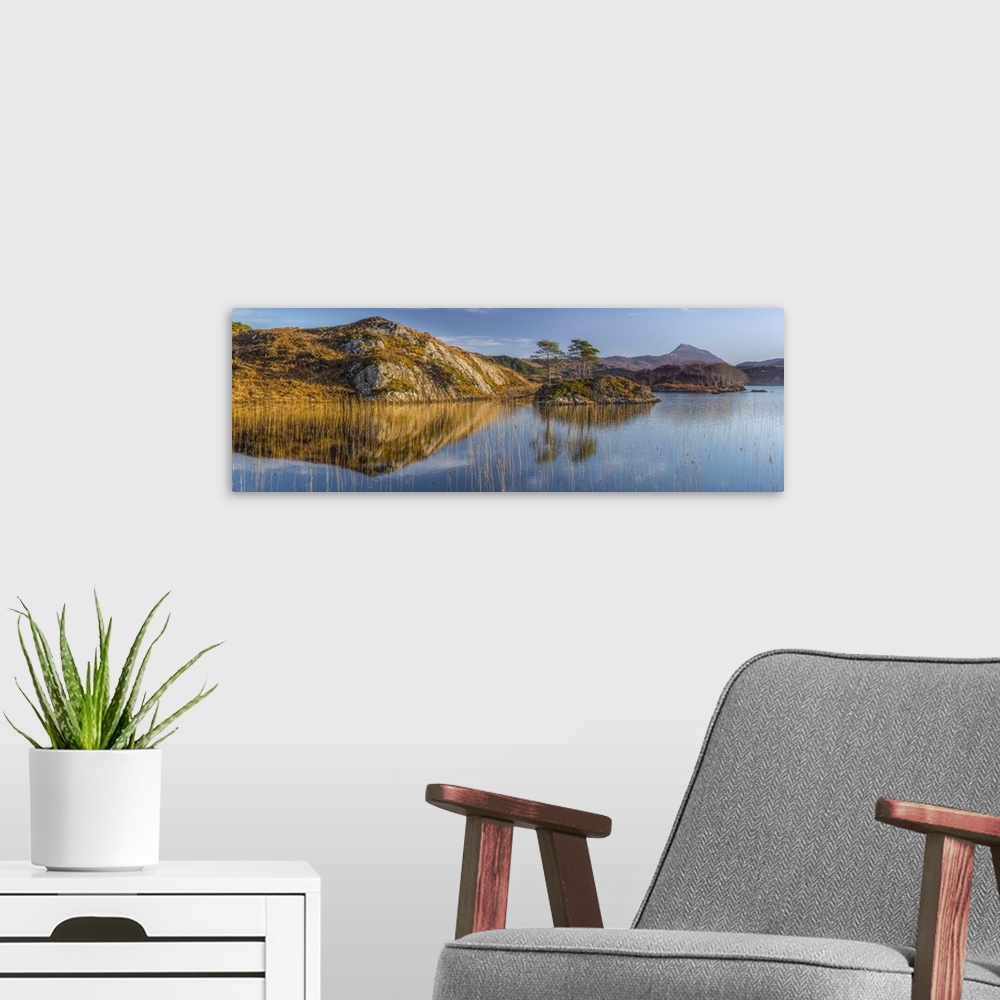 A modern room featuring UK, Scotland, Highland, Sutherland, Lochinver, Loch Druim Suardalain, Mount Canisp.