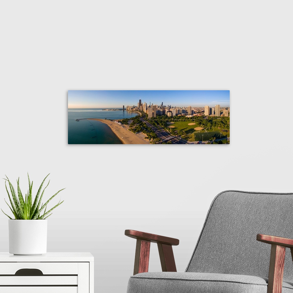 A modern room featuring Aerial view of North Avenue Beach, Chicago, Cook County, Illinois, USA