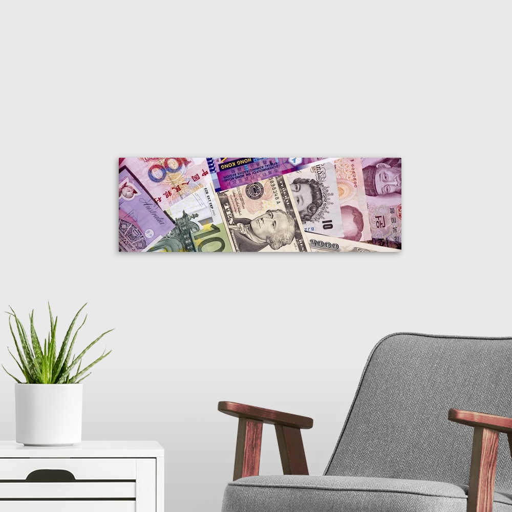 A modern room featuring Close-up of assorted currencies of different countries