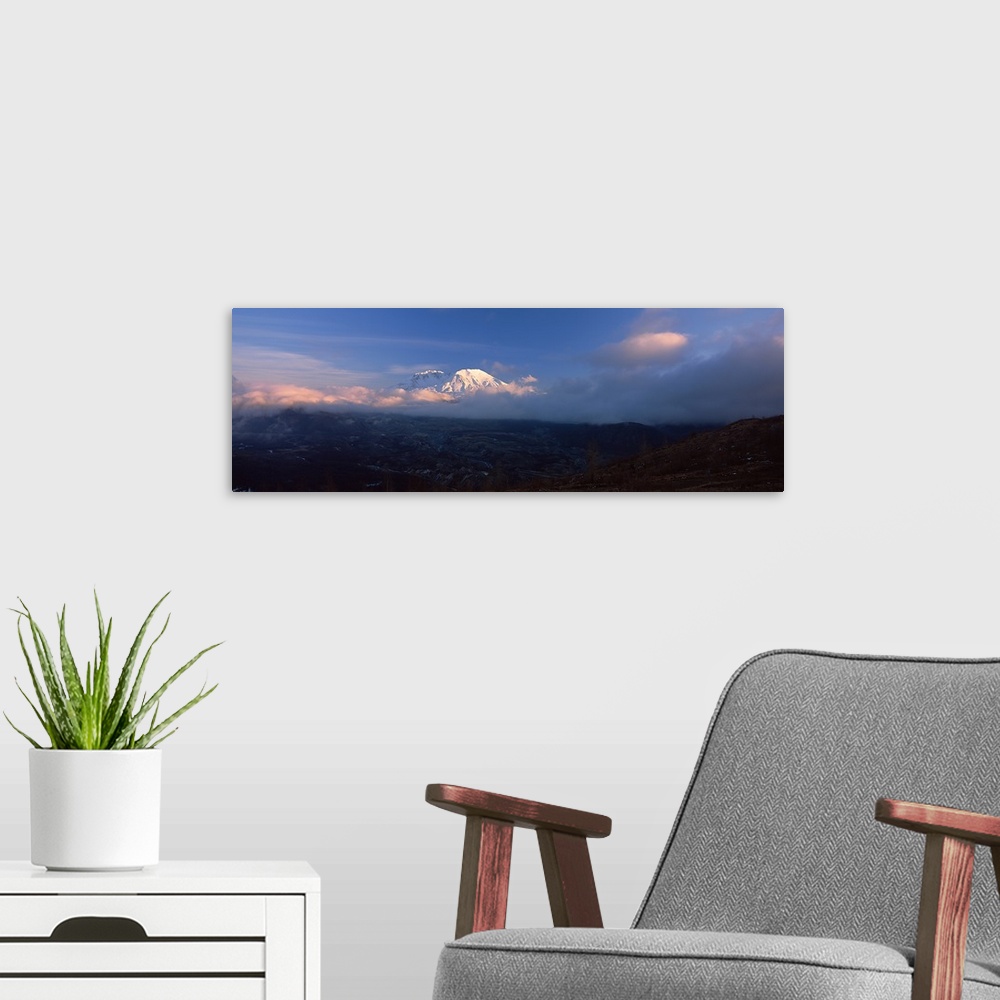 A modern room featuring Clouds over a mountain, Mt St. Helens, Mt St. Helens National Volcanic Monument, Skamania County,...