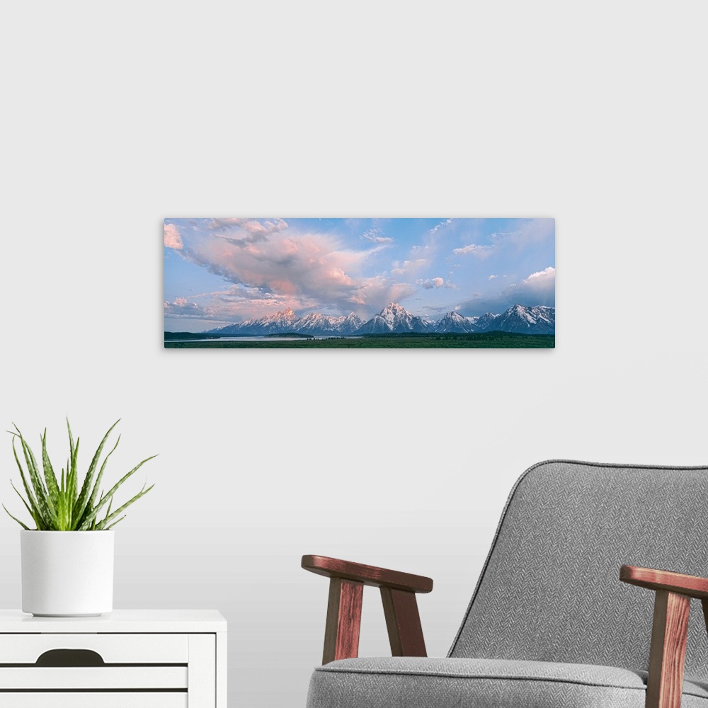 A modern room featuring Clouds over mountain range, Willow Flats, Teton Range, Grand Teton National Park, Teton County, W...
