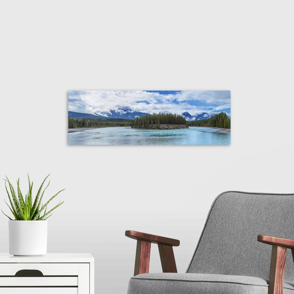 A modern room featuring Clouds over mountains, Athabasca River, Jasper National Park, Alberta, Canada
