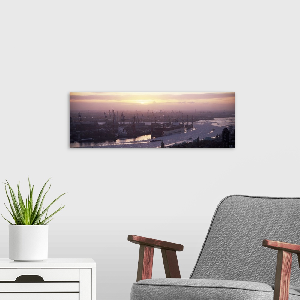 A modern room featuring Container ships in the river, Elbe River, Landungsbrucken, Hamburg Harbour, Hamburg, Germany