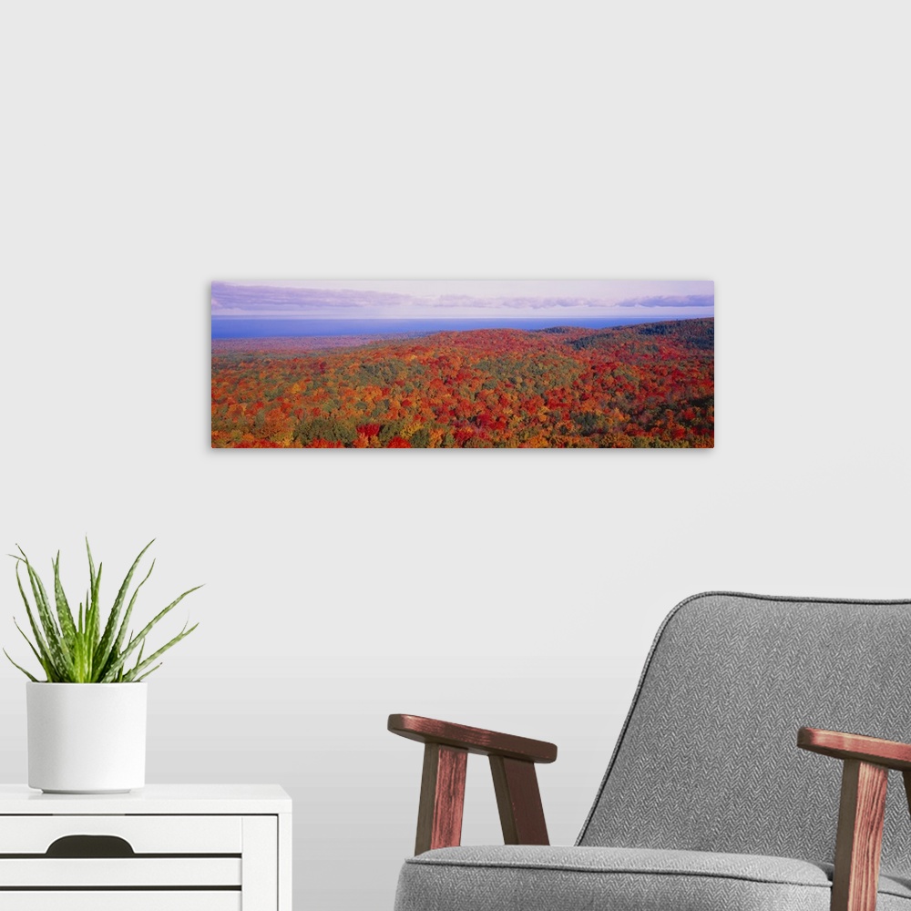 A modern room featuring Deciduous forest showing wide array of autumn colors across the hills of Michigan, with a lake in...