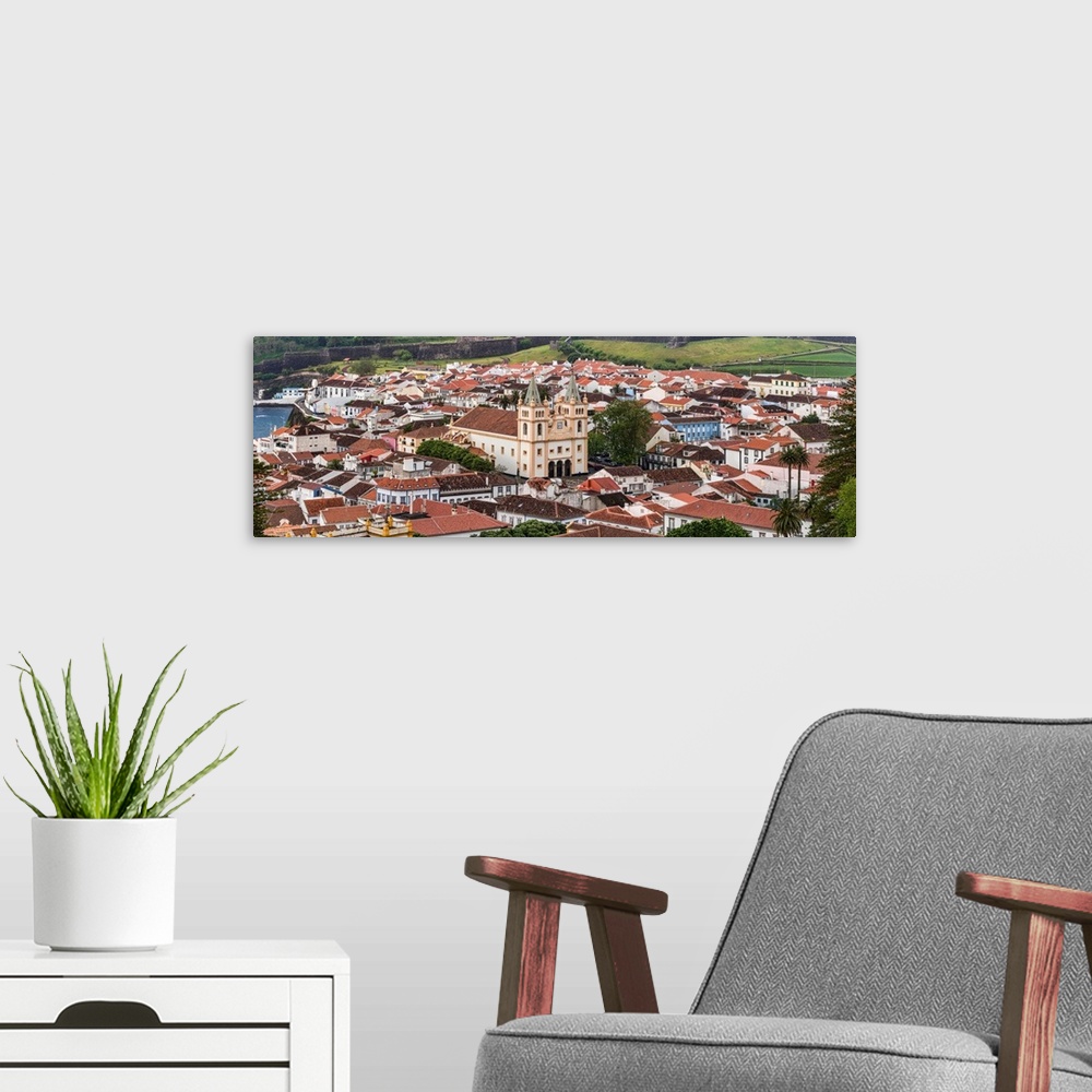 A modern room featuring High angle view of cathedral in a city, Angra Do Heroismo, Terceira Island, Azores, Portugal